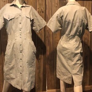 VTG 80s/90s Khaki Button Down Safari Style Shirt Dress *Short Sleeve Pencil Sz4